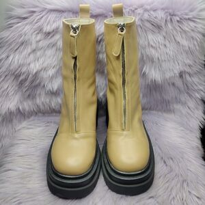 Freda Salvador Womens Size 8 Sadie Leather Platform Combat Boots Tan Front Zip